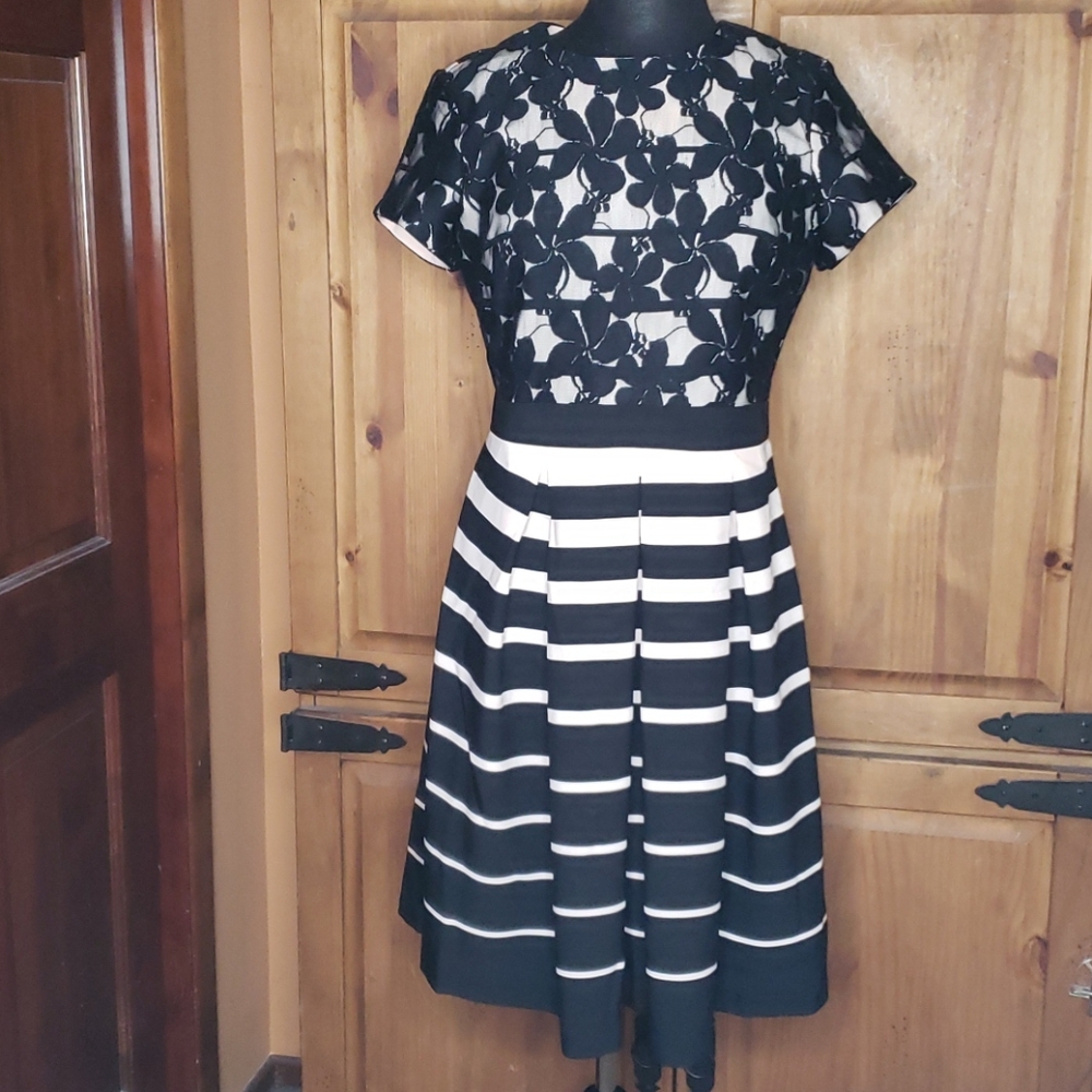 Gabby Skye Black and Pink Lace Top Striped Midi Dress